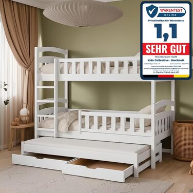 Двоярусне ліжко 90x200 см, дитяче ліжко, підліткове ліжко, двоярусне ліжко для 3 дітей, дві шухляди та поручні, що розкладається на 3 односпальні ліжка від 4 до 16 років вкл. рейкові основи білий 90x200 см, білий - Стиль 1