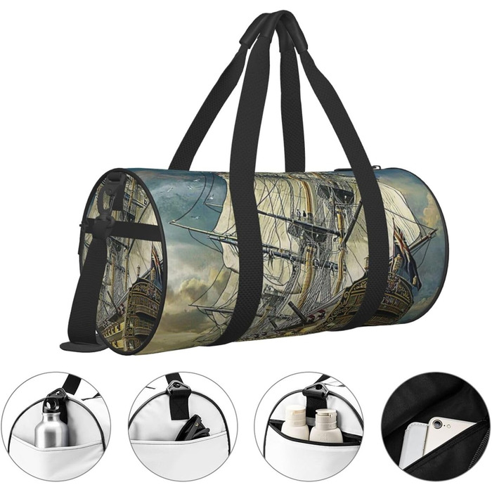 Спортивна сумка для подорожей Епоха відкриттів, з принтом корабля, чорна, універсальний розмір