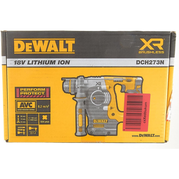 Акумуляторний комбінований перфоратор Dewalt 18В SDS-plus 24 мм DCH273N (безщітковий двигун, енергія удару 2,1 джоуля, низька вібрація, електричне зчеплення, регулювання швидкості обертання та удару, поставляється без акумулятора та зарядного пристрою) од