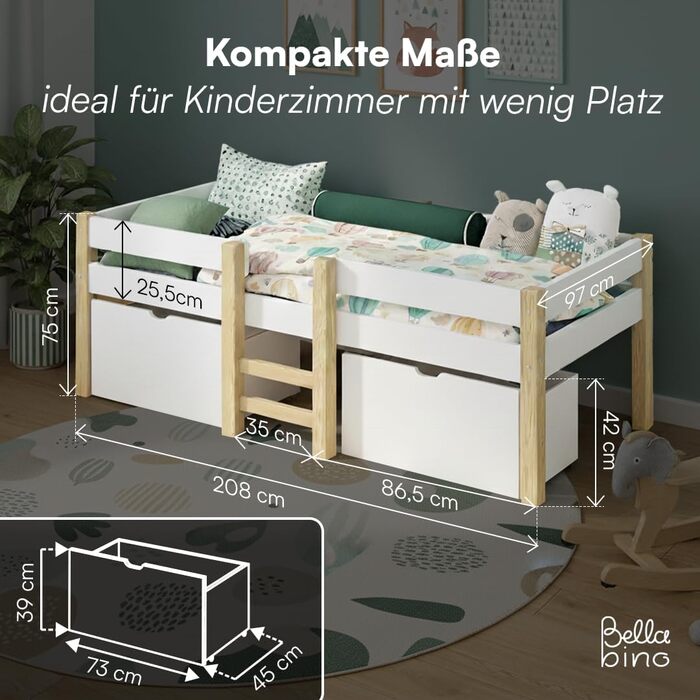 Дитяче ліжко Bellabino Aspy 90x200 см Ліжко-горище з 2 шухлядами, поручнями та рейковою основою Ліжко середнього класу з драбиною з масиву сосни білого/натурального кольору Дитяче ліжко з місцем для зберігання (матрац не входить до комплекту) Біле - з шух