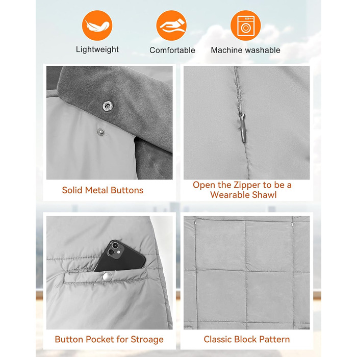 Бездротова ковдра з підігрівом та батареєю 7,4 В для чоловіків та жінок, електрична грілка FERNIDA, портативна шарф-підігрів для дому, офісу, подорожей, походів, сірого кольору