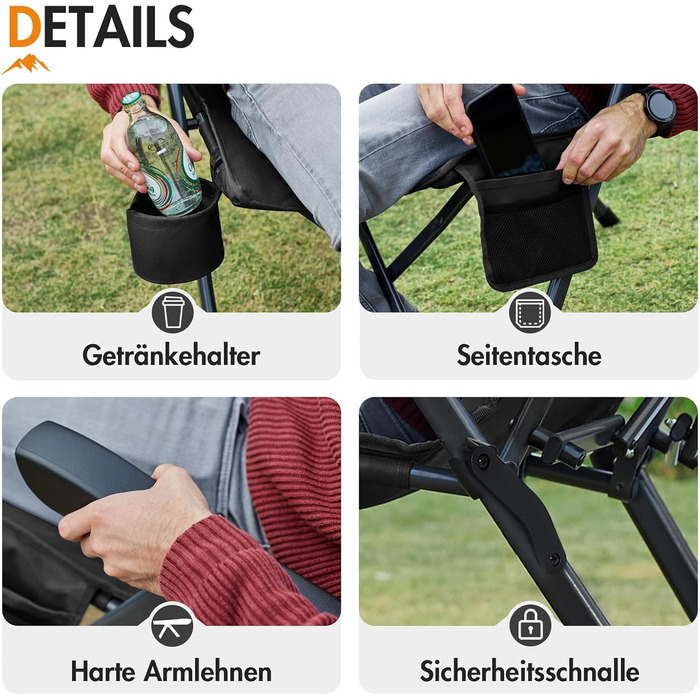 Крісло для кемпінгу Portal, складне, спинка регулюється в 3 положеннях, розкладне крісло, вантажопідйомність 160 кг, висока спинка, крісло для кемпінгу/рибальства, садове крісло, крісло для відпочинку, алюмінієве, для саду, балкону, пікніка, чорне