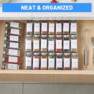 Органайзер для спецій з 28 баночками для спецій, 348 етикеток для спецій, 4-рівнева прозора акрилова вставка для шухляд для спецій для кухні, шафи, стільниці, набір з 28 предметів, прозорий