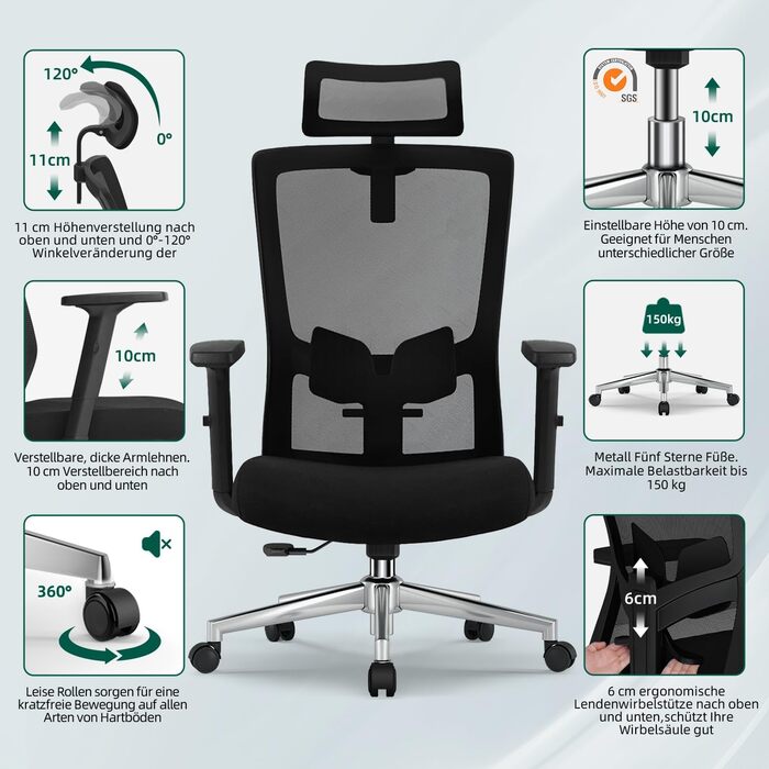 Ергономічне офісне крісло, ергономічне офісне крісло з регульованою поперековою опорою, підлокітниками та підголівником, обертове офісне крісло 150 кг, крісло для керівника з функцією гойдання до 135, чорне, варіант 1