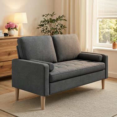 Місний диван, 2-місний диван, маленький диван з 2 декоративними подушками, міні-диван з підлокітниками, для вітальні, спальні, квартири, офісу, 121 x 77 x 87 см, темно-сірий, 2-