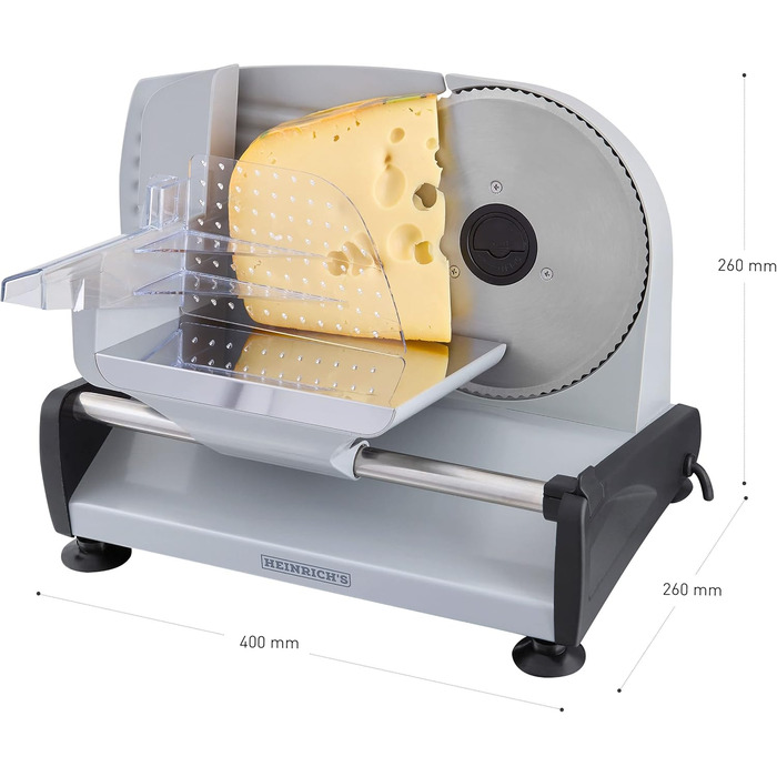 Металева харчова нарізка HEINRICHS, електрична хліборізка, нарізка ковбаси, круглий ніж з нержавіючої сталі (Ø19см), плавне регулювання товщини різання, інтегр. Запобіжний замок, 200 Вт Heinrich