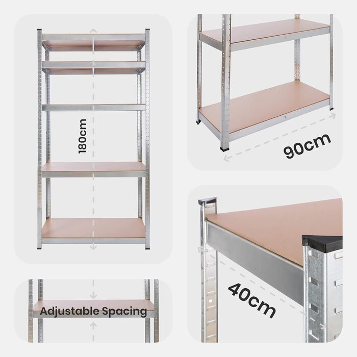 Надміцний стелаж Arebos 180x90x40 см Вантажопідйомність 875 кг Товщина 0,63 мм 5 полиць з МДФ Легке складання за допомогою вставної системи Сріблястий