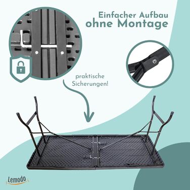 Розкладний стіл Lemodo 180 x 75 см Складаний садовий та фуршетний стіл до 150 кг, міцний стіл для вечірок з всепогодного чорного дерева, компактне зберігання у вигляді валізи з ручкою для перенесення, дерево/чорний