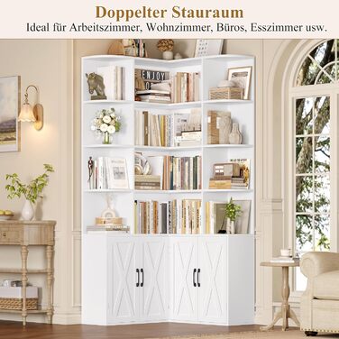 Кутова книжкова шафа FirFurd 187 см з дверцятами, 12 відділень, L-подібна дерев&39яна вітрина, висока шафа, полиця з дверцятами для вітальні, кабінету, офісу, кухні, 187 x 80 x 80 см, білий