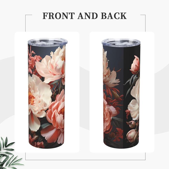 Кухоль з прямою трубочкою, 590 мл, яскраво-білі півонії, принт, дорожній кухоль, підходить для кемпінгу, офісу та дому.