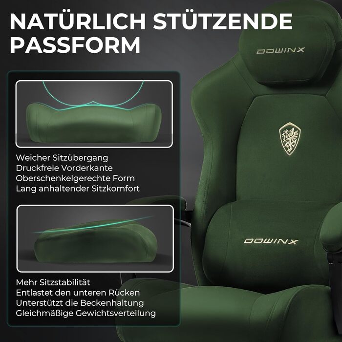 Ергономічне ігрове крісло Dowinx з масажною поперековою подушкою, регульованим по висоті підголівником, потовщеною подушкою сидіння, висувною підставкою для ніг, регульованими підлокітниками, велюр з мікрофібри, кут нахилу 155, зелене
