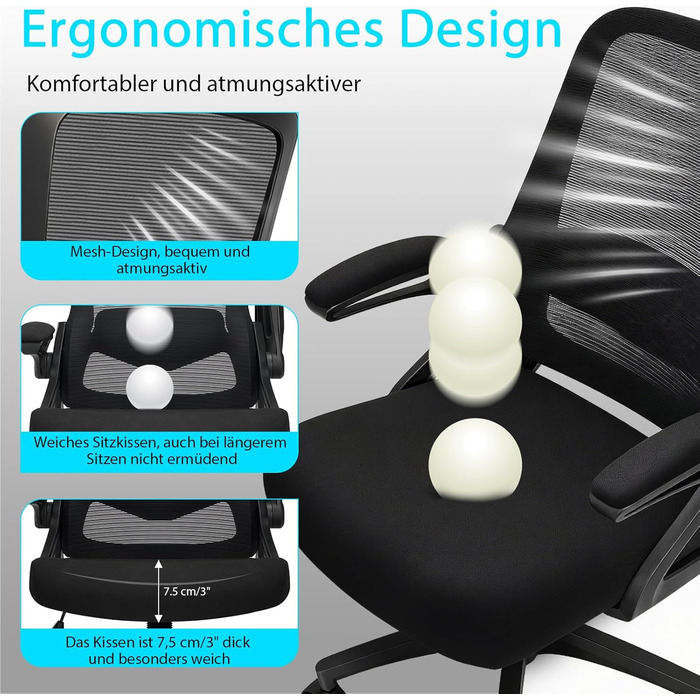 Ергономічне офісне крісло, робоче крісло з регульованою 4D поперековою опорою, обертове крісло зі складними підлокітниками, комп&39ютерне крісло з функцією нахилу 90-125, сітчасте крісло до 130 кг, чорне