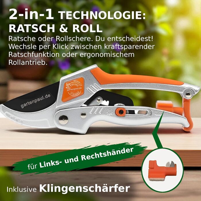 Садові ножиці Ratchet 2.0 з заточкою, включаючи послугу заточування, гібридна тріскачка з ковадлом, з високоякісним лезом SK5, професійні садові інструменти секатор для гілок, ножиці для троянд, ножиці для рослин, ножиці для квітів