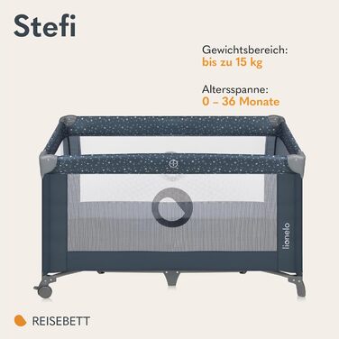 Дитяче ліжечко Lionelo Stefi, дорожнє ліжечко від народження до 15 кг, бічний вхід, система безпеки LockGuard, блокування коліс, сумка для перенесення, складне, синьо-сіре
