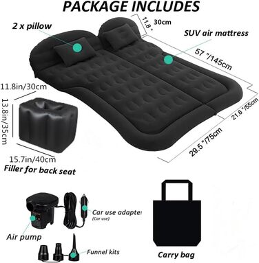 Надувний матрац для позашляховика, ліжко для подорожей в автомобілі, потовщений надувний матрац з флокуванням та ПВХ-поверхнею, для подорожей, походів, повнорозмірний надувний килимок для сну (чорний)