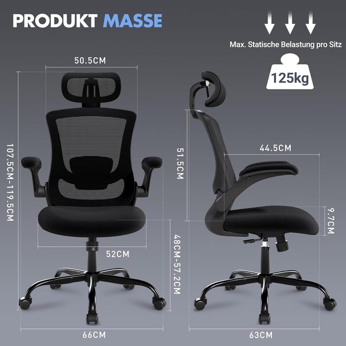 Ергономічне офісне крісло COLAMY, сітчасте робоче крісло з регульованим підголівником, крісло для керівника з поперековою опорою, поворотне крісло з регульованим нахилом та фіксатором, повністю чорний класичний колір