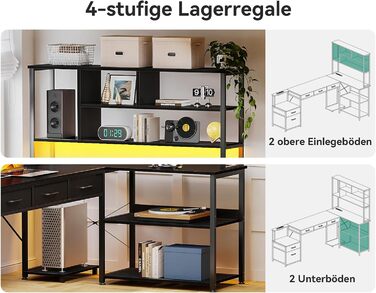 Кутовий письмовий стіл Coleshome з 5 шухлядами та 4 полицями, 200110 см, L-подібний стіл зі світлодіодним освітленням, розетками та USB-портами, великий стіл для домашнього офісу, чорний 200110 см