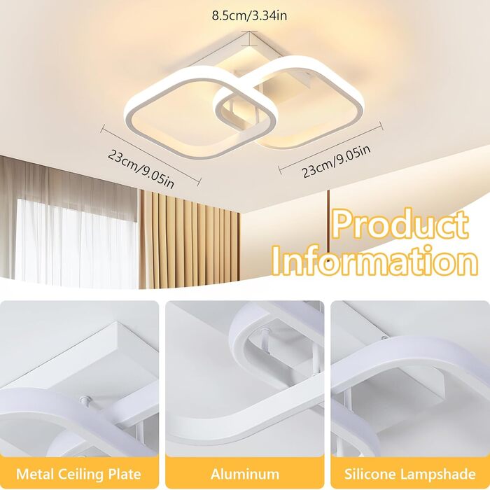 Стельовий світильник, світлодіодний стельовий світильник 18 Вт, сучасний креативний квадратний стельовий світильник 3000 K, стельові світильники для балконів, коридорів, гардеробів, спалень, ванних кімнат, білий