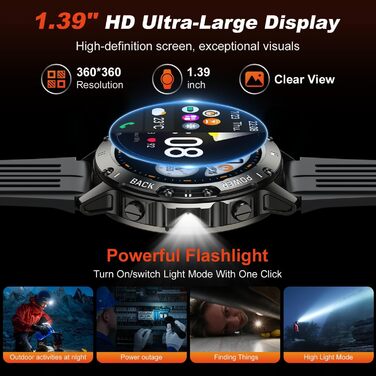 Військовий смарт-годинник для чоловіків з функцією телефону водонепроникний наручний годинник, фітнес-трекер, Bluetooth-дзвінки, смарт-годинник з монітором серцевого ритму, сну, спортивний годинник, крокомір, годинник для Android, iOS, чорний