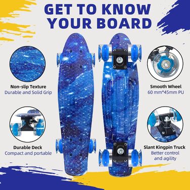 Скейтборди Nattork 22-дюймовий міні-круїзер фіолетовий скейтборд у комплекті ретро скейтборди з барвистими підсвічуванням PU колеса для дітей, дівчаток, хлопчиків, початківців, Blauer Stern