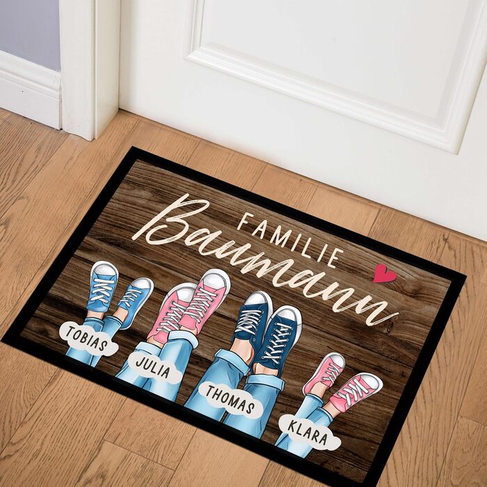 Персоналізований сімейний килимок для дверей до 4 дітей, принт на кросівках, кольори, що налаштовуються, нековзний та миється, чорний, 60x40 см, сімейне взуття, чорний
