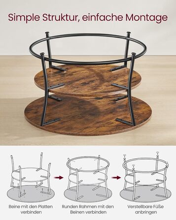 Круглий журнальний столик VASAGLE, столик для вітальні, диван-столик з полицею, легке складання, металевий, промисловий дизайн, вінтажний коричневий-чорний LCT80BX Вінтажний коричневий чорнильний