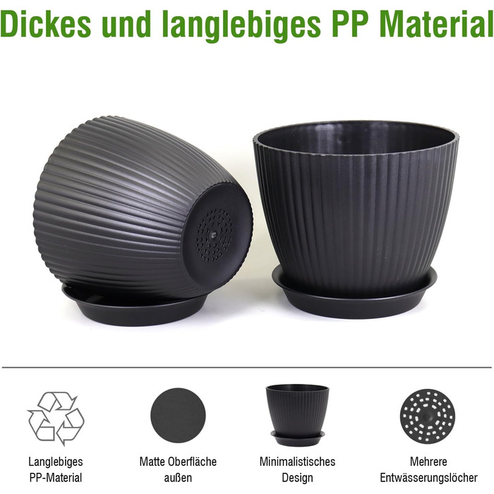 Набір з 8 квіткових горщиків з блюдцями, 19/17,5/16,5/16/14/13/11,5/10 см, пластикові кашпо, гідропонні горщики, набір квіткових горщиків, ідеально підходить для кімнатних та балконних садів, чорний 19/17,5/16,5/16/14/13/11,5/10 см, чорний