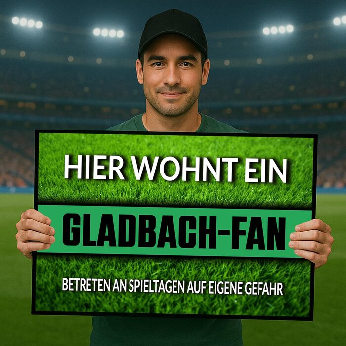 Килимок для футбольних уболівальників з ефектом газону Тут живе вболівальник Гладбаха - Вхід на ваш страх і ризик у дні матчів Килимок для дверей з написом 60x40 см Для використання всередині та зовні приміщень Килимок для вхідних дверей / коридору