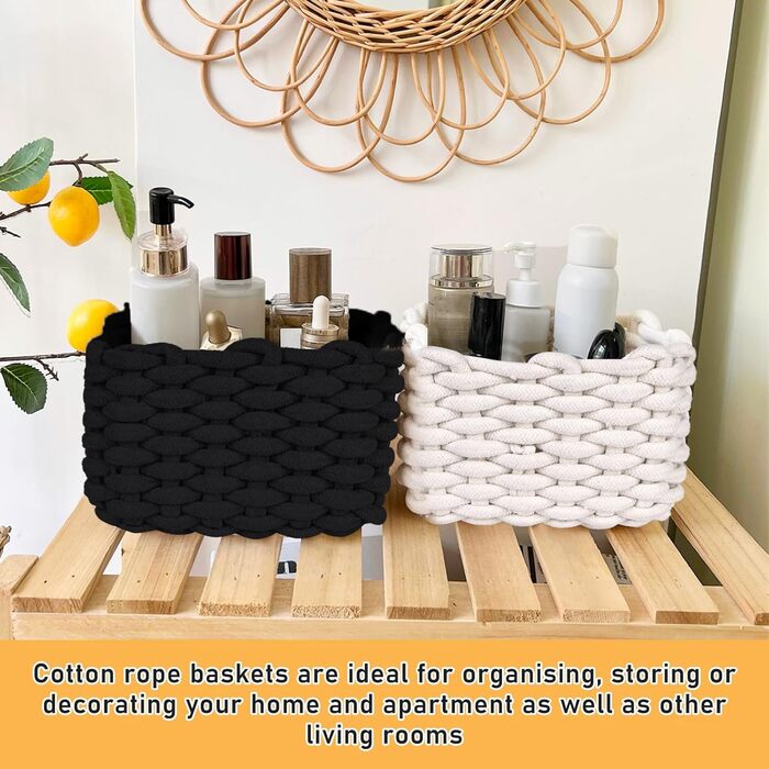 Бавовняні кошики для зберігання, Плетений бавовняний шнур, Кошики для зберігання, Органайзери, Кошики для зберігання для дитячої кімнати, вітальні, ванної кімнати, Розміри D27xH17 см D33xH22 см (Чорні), 2 шт.