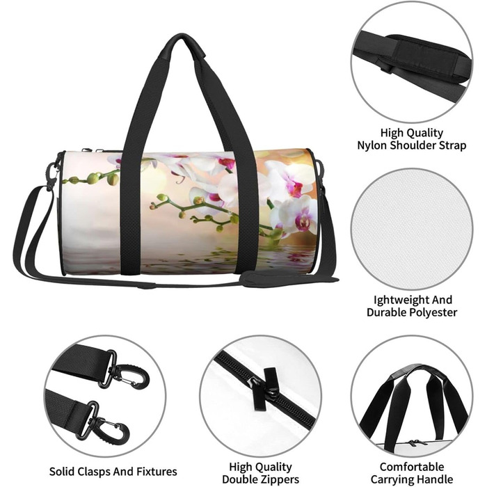 Спортивна сумка для подорожей, дизайн білі орхідеї у ставку, Чорний колір, Універсальний розмір, Дорожня сумка