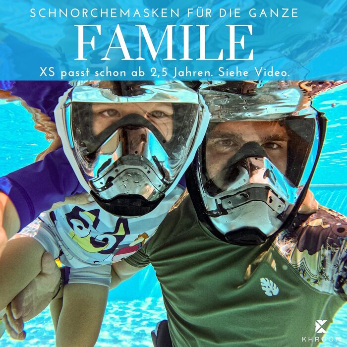 Маска для сноркелінгу Khroom для дорослих та дітей (від 3 років) Безпечна для CO2 Маска для повного обличчя з системою Easy-Breath Альтернативний комплект для сноркелінгу Маска для дайвінгу Seaview Y для дітей до 1,60 метра (S/M) бірюзового кольору