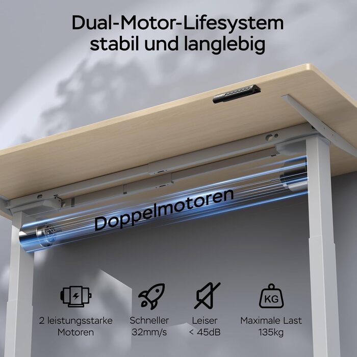 Стіл з регулюванням висоти та двома двигунами, цільна стільниця 25 мм, інтелектуальне керування з 4 налаштуваннями пам&39яті, вантажопідйомність 35 кг, тихий &lt45 дБ (бежевий білий, 160 см x 80 см) Бежевий білий 160 см x 80 см