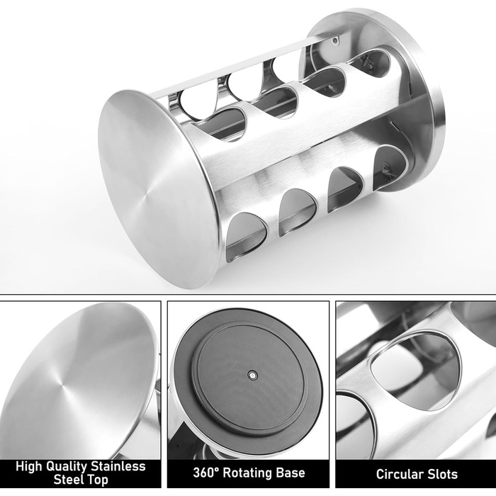 Кругла підставка для спецій Miorkly з 16 круглими банками для спецій, карусель для спецій з нержавіючої сталі, що обертається на 360, органайзер для спецій, стійка для спецій, контейнери для спецій зі вставкою-шейкером, банки для спецій, ярлики, лійка, ма
