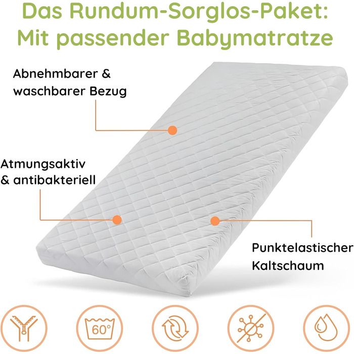 Дитяче ліжечко-трансформер 70x140 з шухлядою та матрацом, ліжечко, дитяче ліжко, регульована висота та знімні поручні інші розміри 60x120 см 70x140 см від народження до 6 років, біле 70x140 см з шухлядою / з матрацом