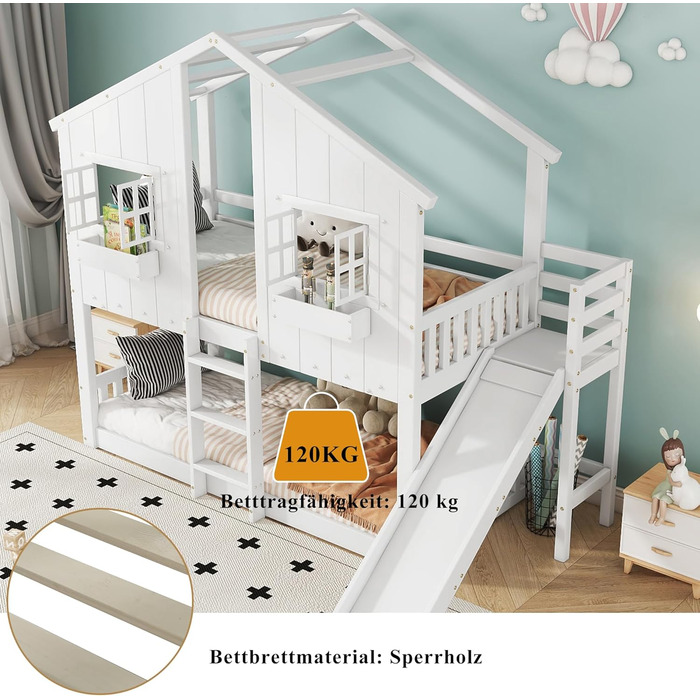 Дитяче двоярусне ліжко 90x200, ліжко-горище, ліжко-будиночок з гіркою, драбиною, вікнами, дахом та ящиком для зберігання, двоярусне ліжко, дерев&39яне ліжко, дитяче ліжко з рейковою основою та поручнями, сосна, без матраца, білий колір