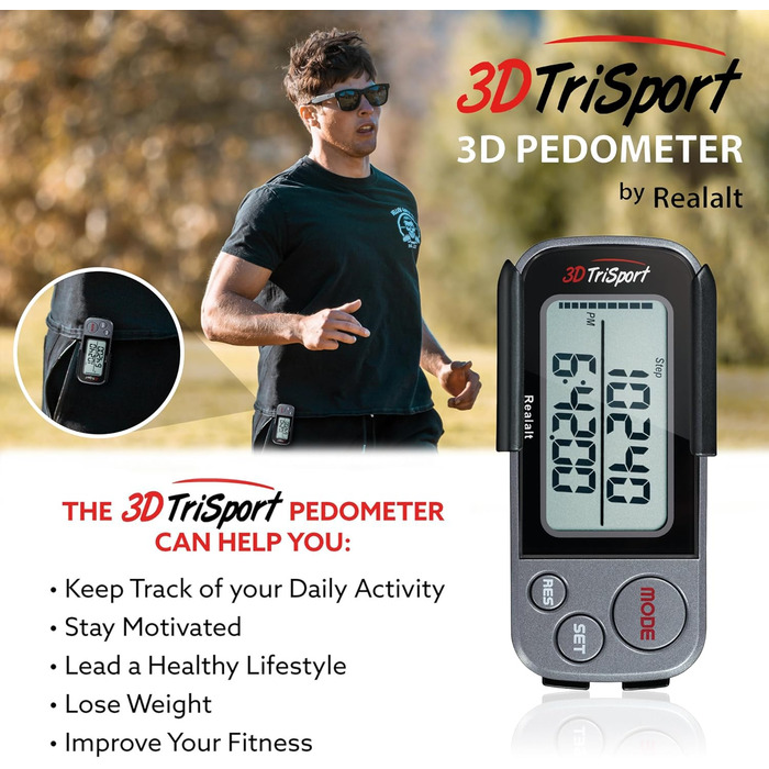Крокомір Realalt 3DTriSport 3D із затискачем та ремінцем, включаючи електронну книгу 30-денна пам&39ять, точний лічильник кроків, пройдена відстань у милях/км, лічильник калорій, щоденний моніторинг часу тренування, сірий