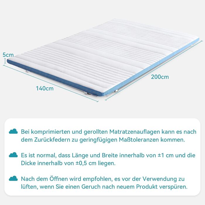 Наматрацник Storeo Basics з піни з ефектом пам&39яті з ремінцями, 140 x 200 см, товщина 5 см, білий 140 x 200 x 5 см