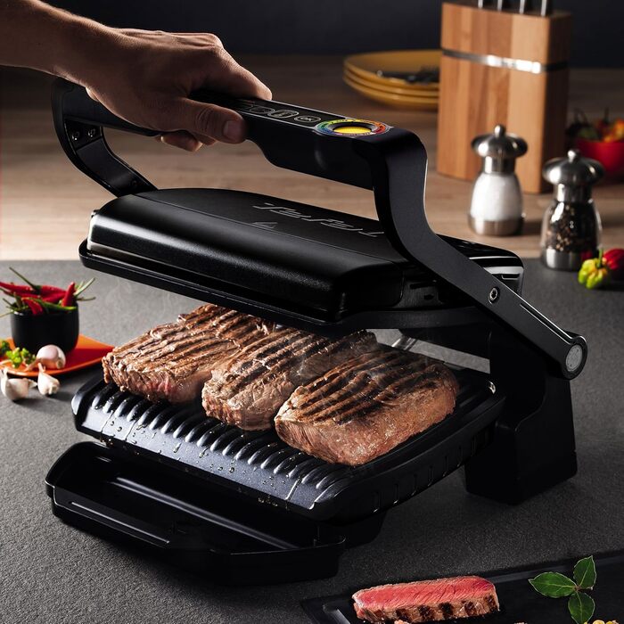 Контактний гриль Tefal OptiGrill для закусок та випічки GC7148 2 000 Вт Автоматична індикація готовності 6 попередньо встановлених програм в т.ч. насадка для перекусів для піци, лазаньї чорний