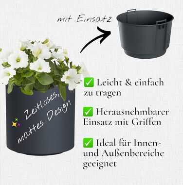 Квітковий горщик MELTOM з вкладишем та системою поливу Круглий та сучасний Морозостійкий та стійкий до ультрафіолету Пластиковий горщик для використання в приміщенні та на вулиці (Антрацит, XL) Антрацит XL