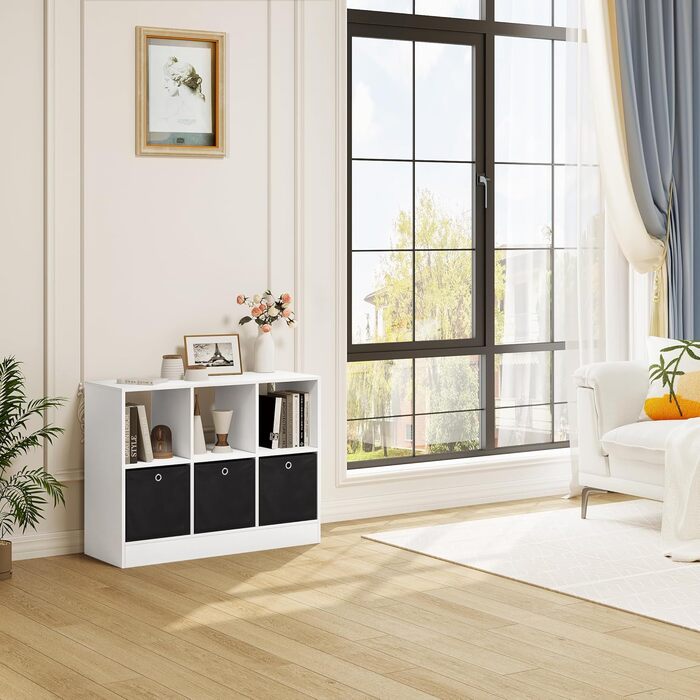 Книжкова полиця WOLTU з 3 шухлядами з нетканого матеріалу, окремостояча полиця з 6 відділеннями, кубічна полиця для спальні, вітальні, кабінету, офісу, біла, 80x60x30 см, SK033ws 6 відділень (30Г x 80Ш x 60В см) Біла