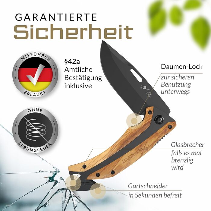 Складаний ніж (дворучний) - Дозволено носіння в Німеччині - Кишеньковий ніж 3-в-1 для відпочинку на природі, кемпінгу та виживання