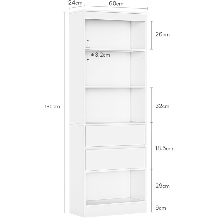 Книжкова шафа, книжкова шафа з 2 шухлядами та 4 відділеннями, шафа для вітальні з регульованими полицями, висока шафа для вітальні, спальні, кабінету, кухні, компактна, 180x60x24 см, білий