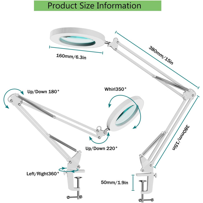 Кратна збільшувальна лампа, лампа-лупа, світлодіодна настільна лампа із затискачем і регульованим кронштейном - лупа з регулюванням яскравості та 3 колірними режимами зі світлом, косметична лампа зі скляними лінзами діаметром 4.1 дюйма, для читання/офісу/