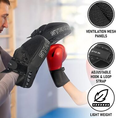 Накладки на руки Stealth Sports, вигнуті боксерські щитки, шкіряні щитки, накладки для фокусування для боксу, ММА, кікбоксингу, муай-тай, карате, бойових мистецтв, тхеквондо, накладки для хука та джебу, чорний камуфляжний візерунок