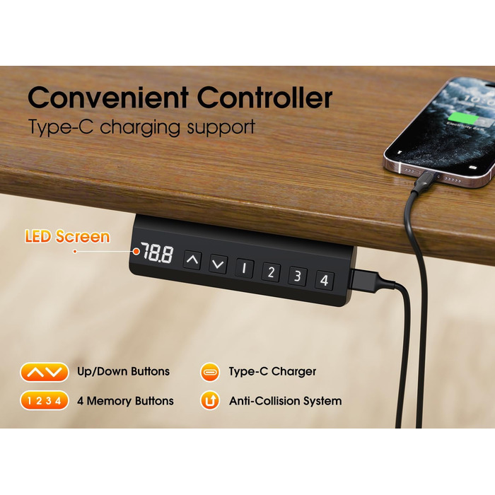 Електрична настільна рама з регулюванням висоти, регульована по висоті настільна підставка з портом USB-C, функцією пам&39яті та функцією запобігання зіткненням, 2 двигуни, чорний колір