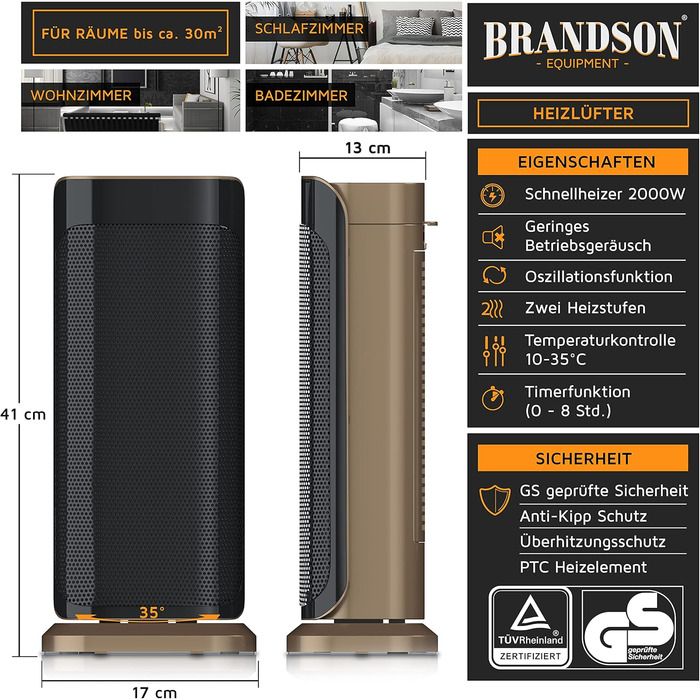 Керамічний обігрівач для ванної кімнати з дистанційним керуванням - Енергозберігаючий, тихий - Швидкий обігрівач з функцією коливання - 2 режими нагріву - Таймер - Сертифіковано GS A Золото