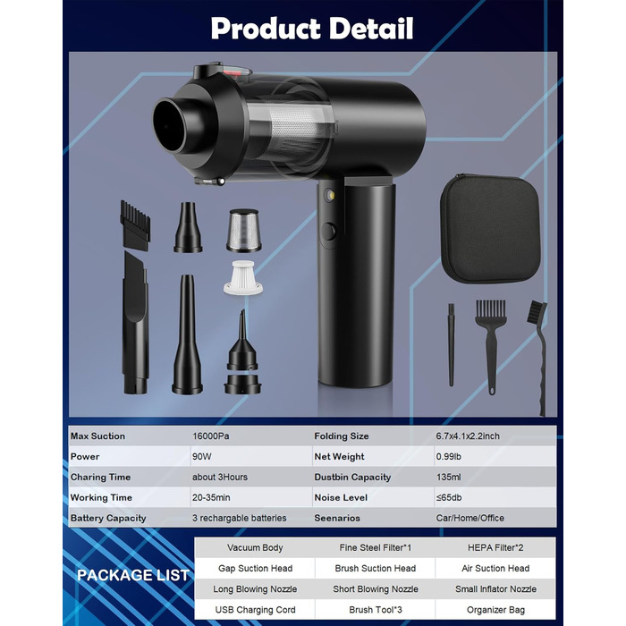 Автомобільний пилосос JUGVOLX 4-в-1 Потужний міні-пилосос 16KPa акумуляторний, 2-швидкісний 200000 об/хв електричний пилосос з без