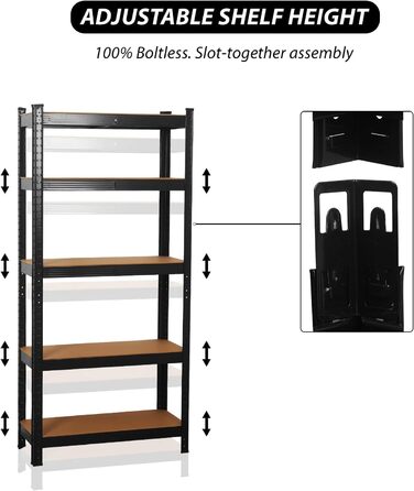 Високоякісний міцний стелаж, кріпильні елементи в комплекті, вантажопідйомність 875 кг, 5 регульованих, міцних полиць з МДФ для зберігання, підвалу, гаража, льоху, майстерні (чорний, 70x30x150 см)