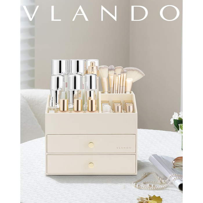 Органайзер для макіяжу VLANDO з 3 шухлядами, органайзер для туалетного столика, органайзер для косметики, органайзер для макіяжу для ванної кімнати, догляд за шкірою комода, бежевий