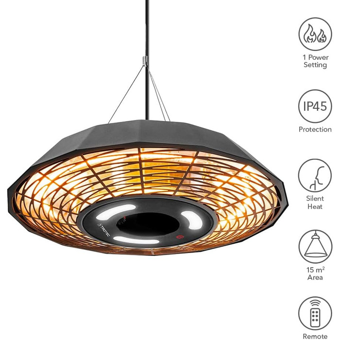 Інфрачервоний стельовий обігрівач TROTEC IR 2010 SC 2000 Вт, круговий обігрів 360, світлодіодне освітлення, захист від атмосферних впливів IP45, пульт дистанційного керування, алюмінієвий корпус, для патіо та ресторанів, 2000 Вт, чорний